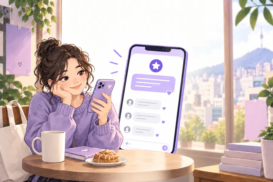 AI-generated editorial illustration of a fictional K-pop fan using a phone in an imagined cafe, with a conceptual chat display. Not an app screenshot or a real artist.
