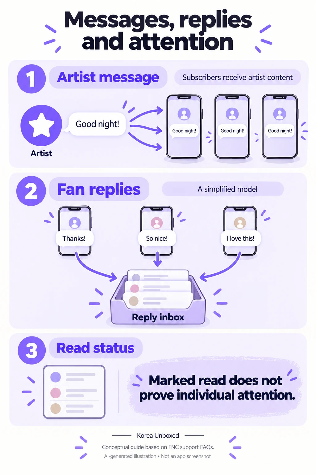 AI-generated conceptual diagram showing artist content reaching subscribers, fan replies entering an abstract reply inbox, and the distinction between read status and individual attention. Based on FNC FAQs, not an actual artist-side screen.