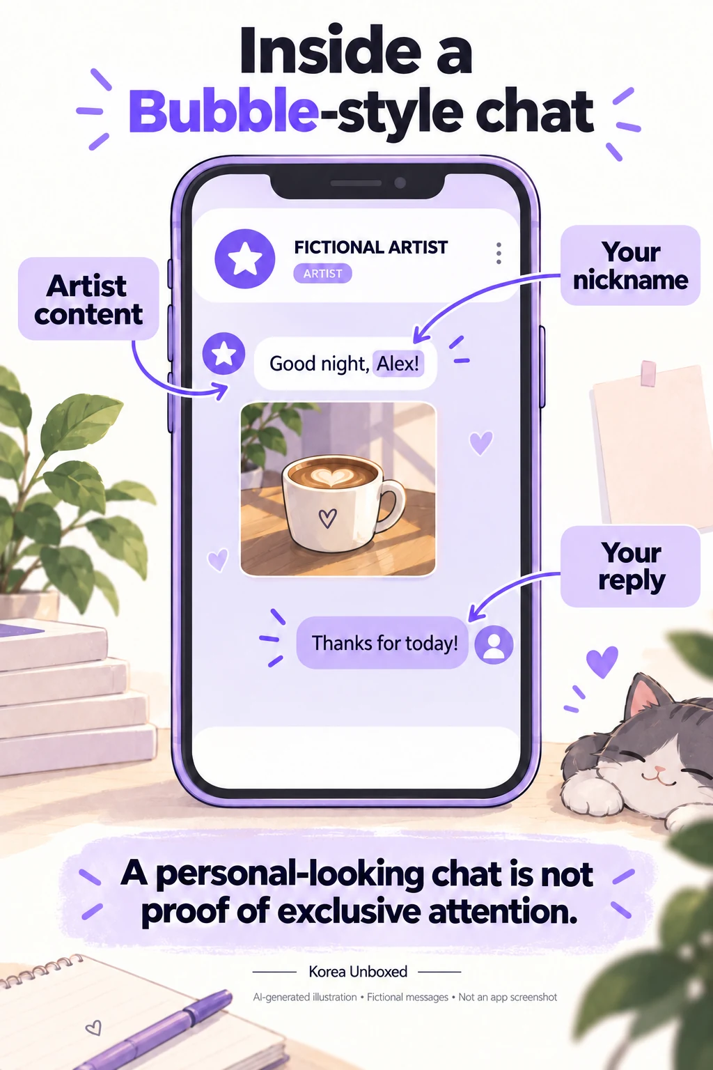 AI-generated simplified Bubble-style chat illustration: an artist message, a subscriber nickname and a fan reply are labeled. All messages and identities are fictional; this is not an app screenshot.
