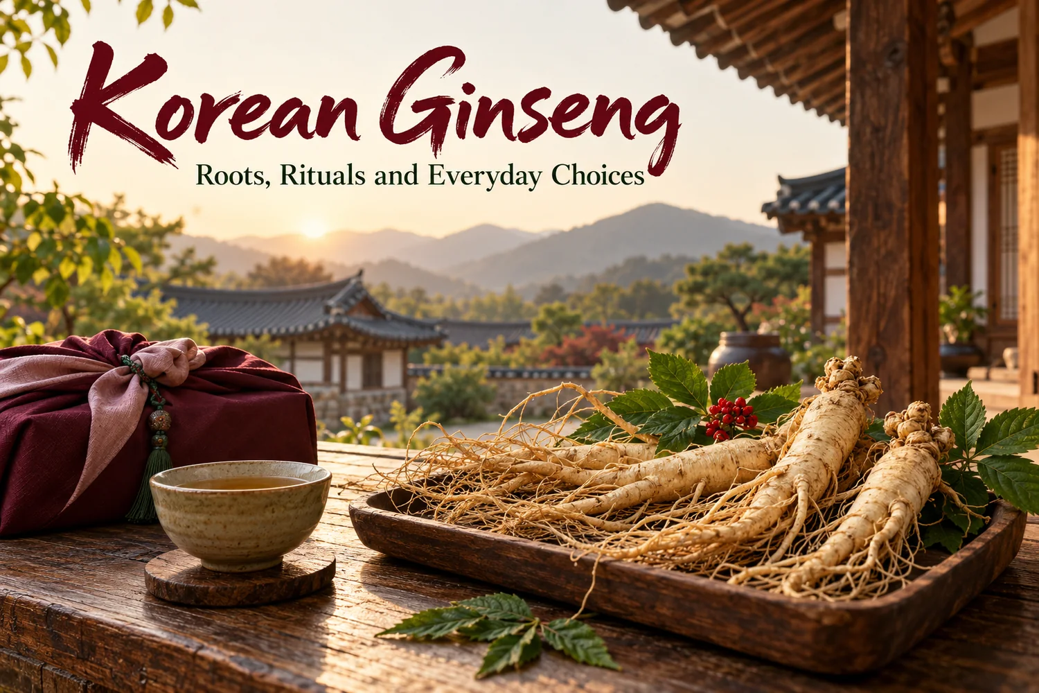AI-generated illustration of ginseng roots, tea and a wrapped gift in a Korean-inspired courtyard.