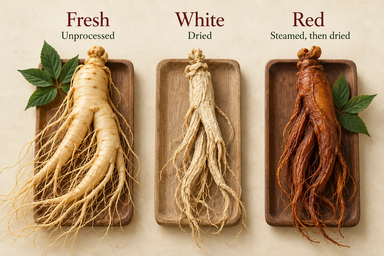 AI-generated comparison of fresh pale ginseng, dried white ginseng and steamed and dried red ginseng.