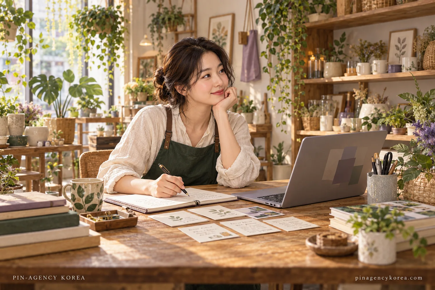 노트와 노트북을 보며 업무 요청서를 준비하는 가상의 소상공인 · AI 생성 이미지