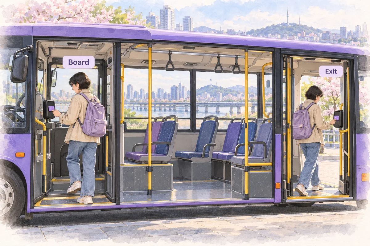 A traveler taps the same purple transit card at a bus reader when boarding and again before exiting.