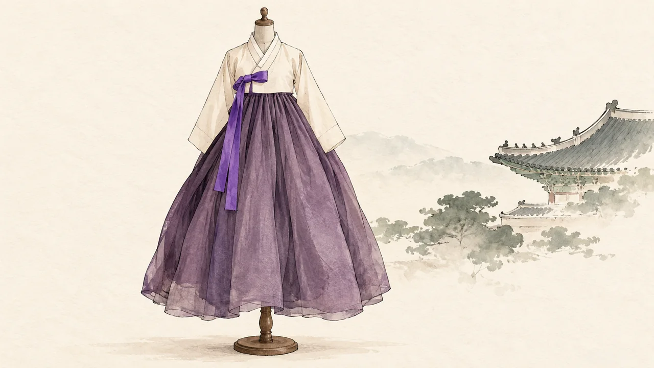 Original editorial illustration of a hanbok outfit on a tailor’s form, with a stylized palace roof.