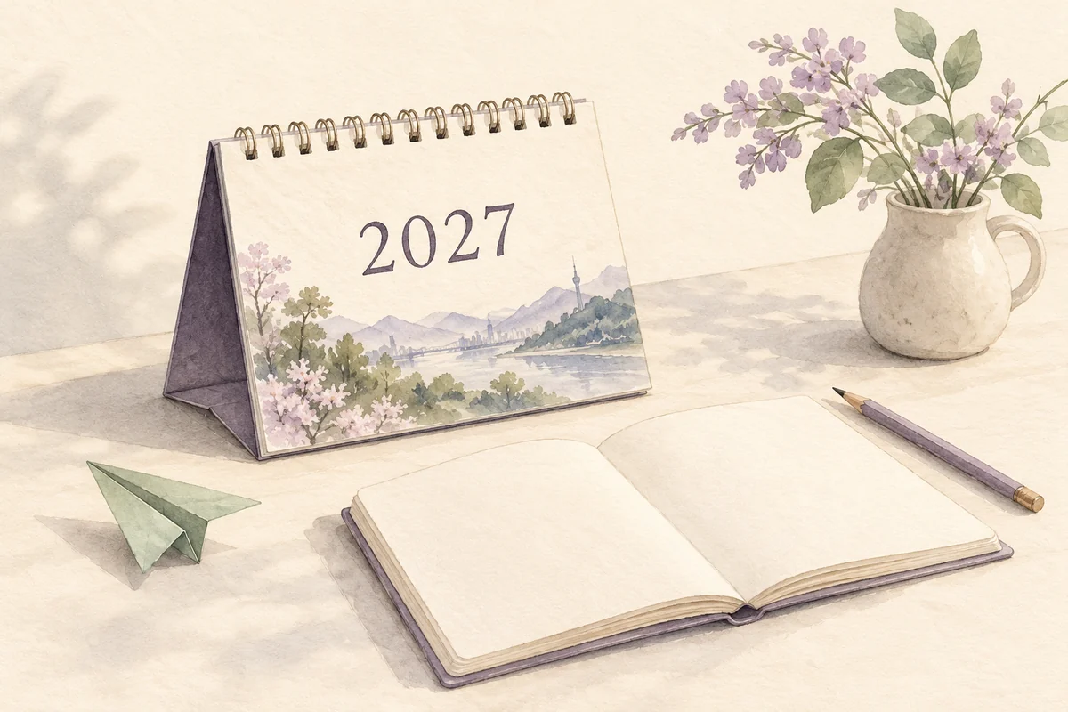 AI-generated watercolor illustration of a desk calendar marked 2027 beside a blank notebook, pencil and paper airplane.