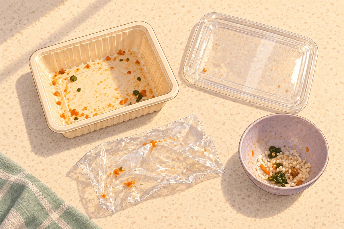 AI-generated illustration of a takeaway tray, rigid clear lid, thin sealing film and food leftovers laid out separately for checking.