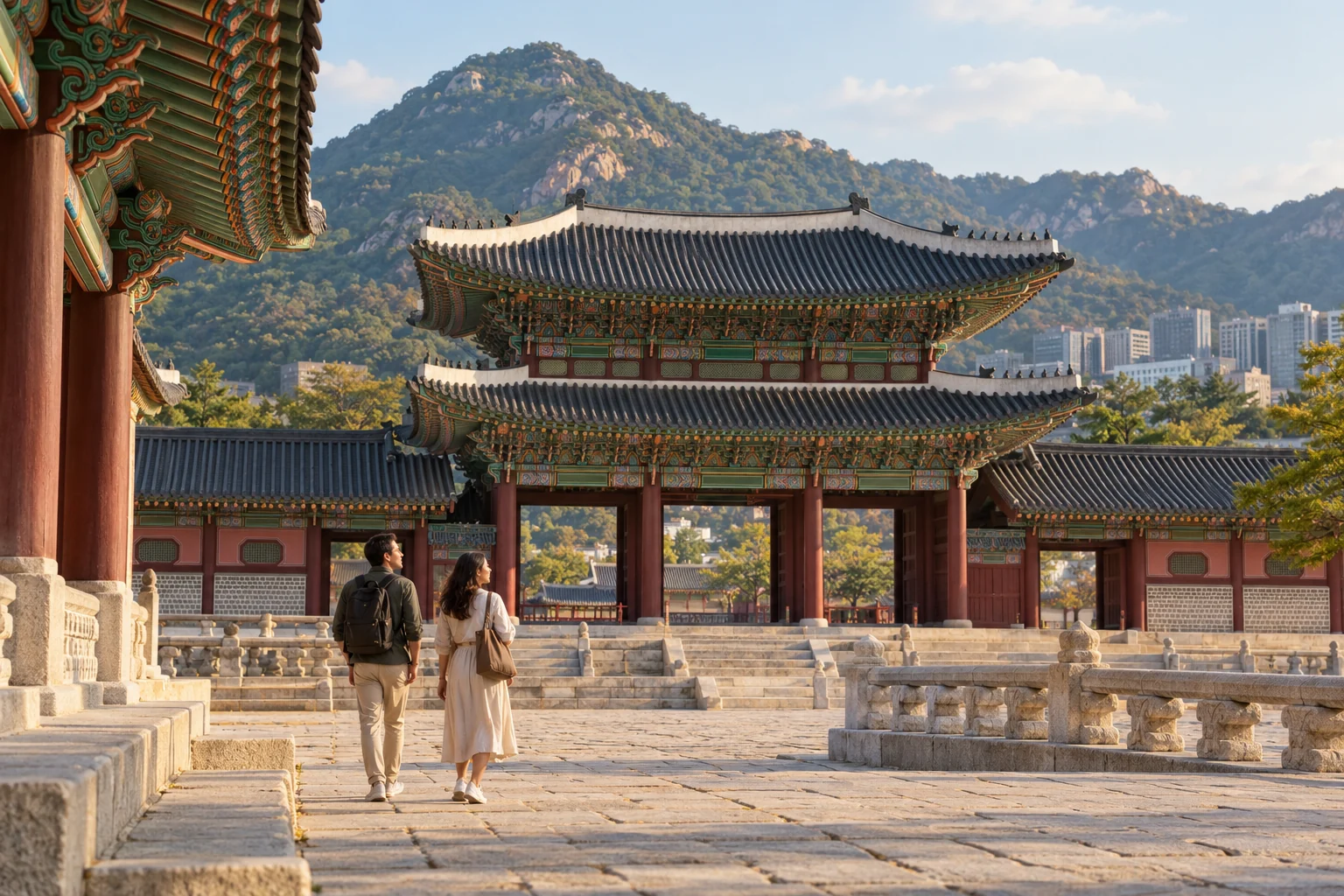AI-generated illustration of fictional visitors exploring Korean palace architecture; not a photograph of the Korean Code tour