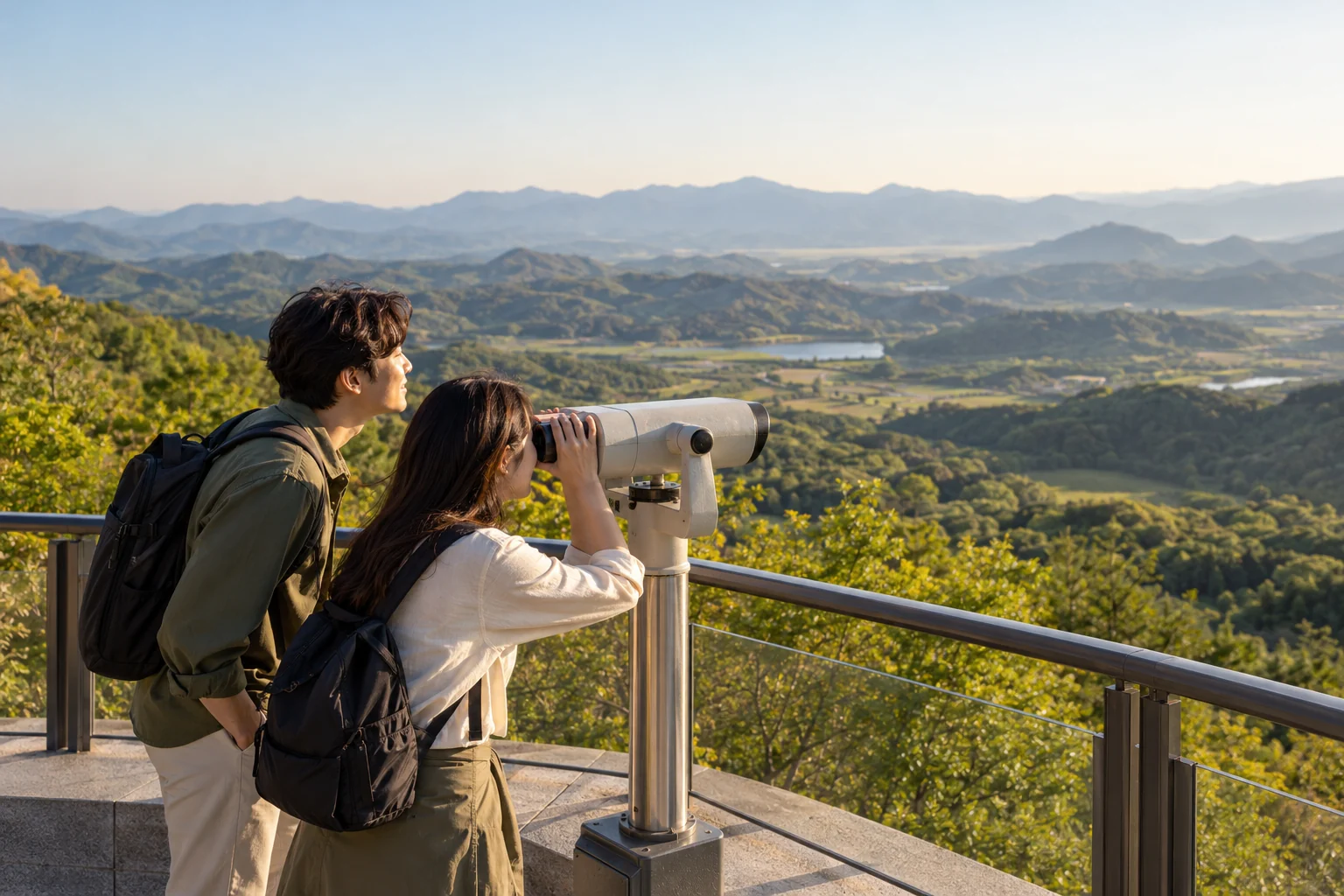 AI-generated illustration of fictional visitors at a Korean border-region observation terrace; not a photograph of the VIP Travel tour