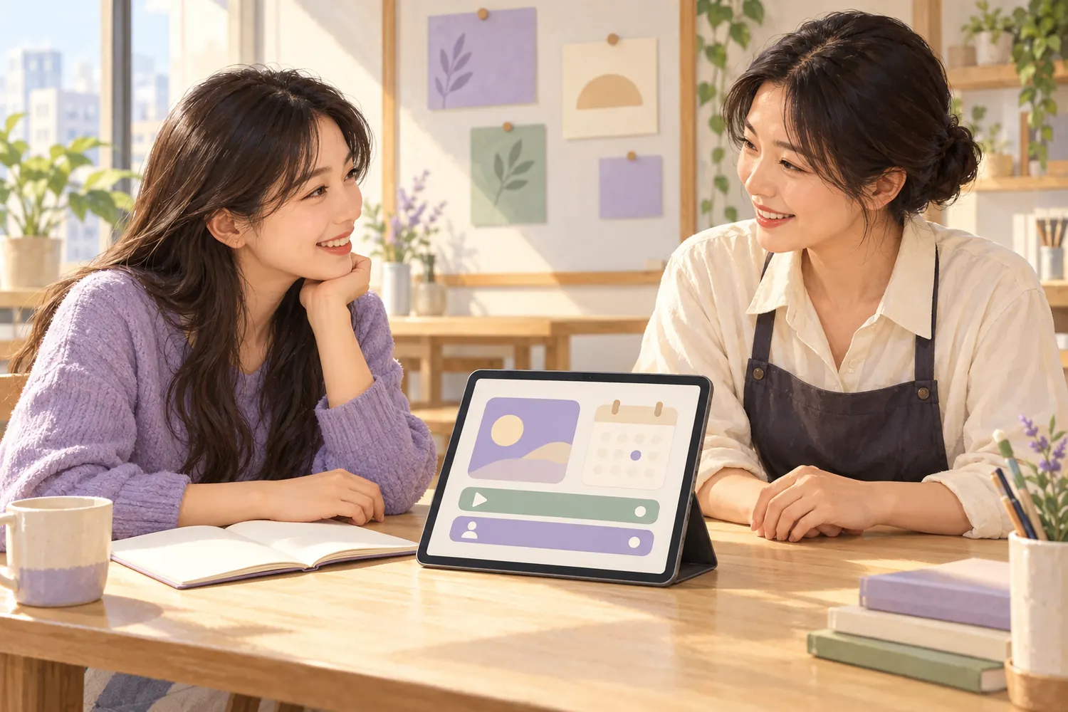 태블릿에 표시된 개념적인 수업·알림 화면을 함께 살펴보는 두 사람의 일러스트.