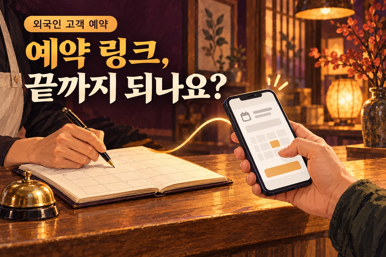 가상의 예약 화면을 띄운 휴대전화와 예약 장부를 살펴보는 손을 표현한 AI 제작 일러스트. 문구는 “예약 링크, 끝까지 되나요?”이며 실제 예약 결과를 보여 주는 화면이 아닙니다.
