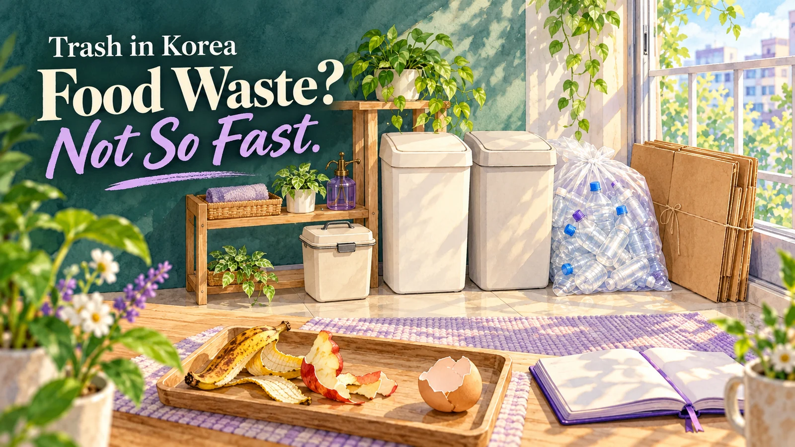 AI-generated watercolor of fictional household sorting containers with peels and an eggshell awaiting sorting, beside “Food Waste? Not So Fast.” Colors do not identify official disposal categories.