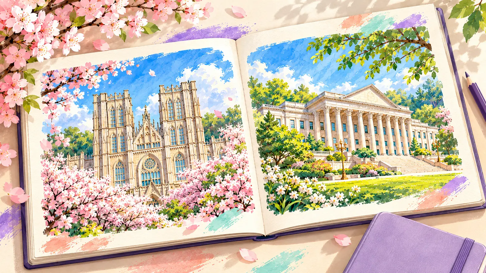 AI illustration of an open sketchbook with separate views inspired by Kyung Hee’s Grand Peace Hall in Seoul and Central Library at the Global campus in Yongin.