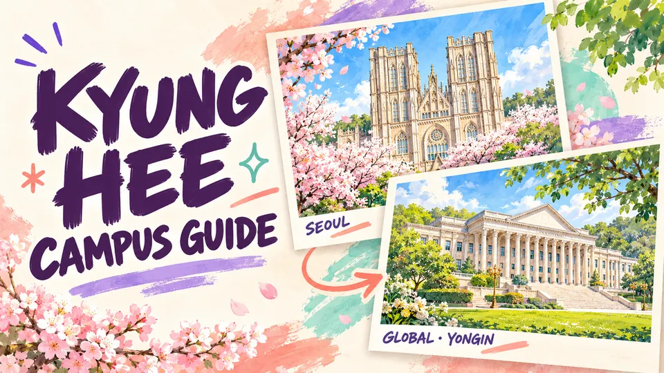 Illustrated Kyung Hee campus guide showing separate postcards of Grand Peace Hall at the Seoul campus and the Central Library at the Global campus in Yongin.