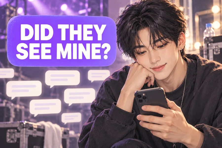 AI-generated fictional pop performer checking a phone beside the question Did they see mine?