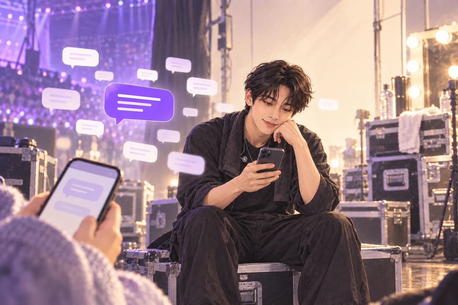 AI-generated conceptual illustration of a fictional pop performer checking a phone amid fan-community message bubbles.