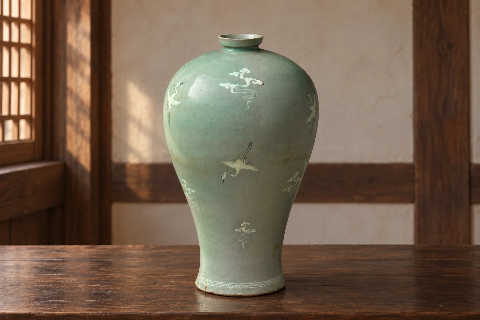 AI-generated presentation: Goryeo celadon bottle with crane and cloud decoration in an imagined timber interior.