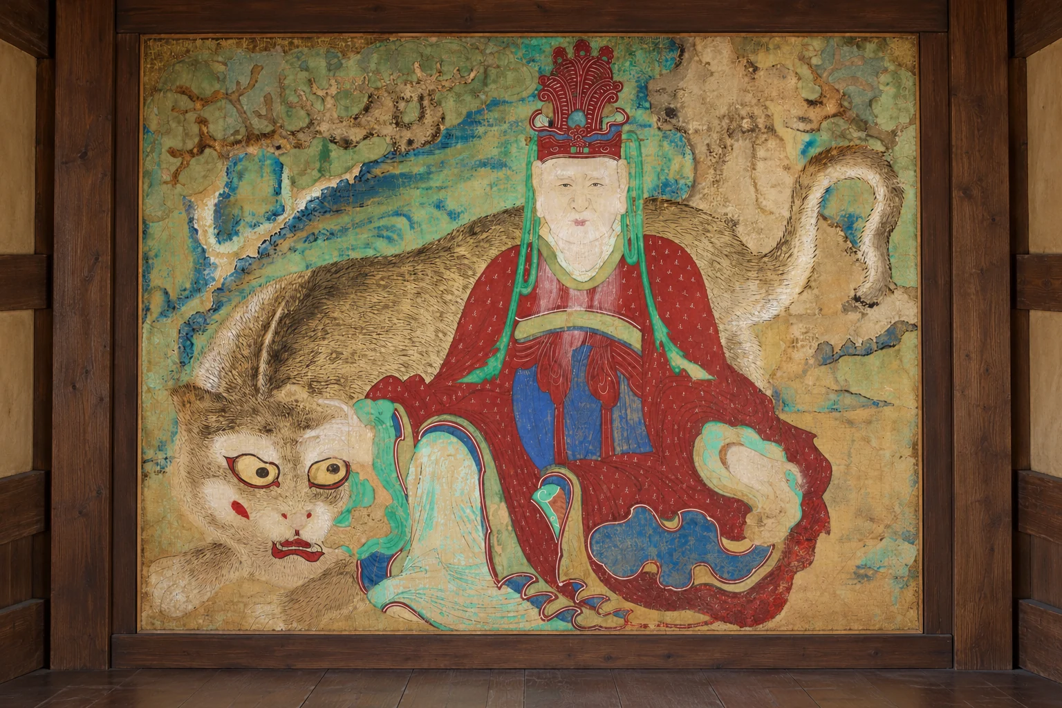 AI-generated presentation: Mountain god with tiger painting in an imagined traditional shrine interior.