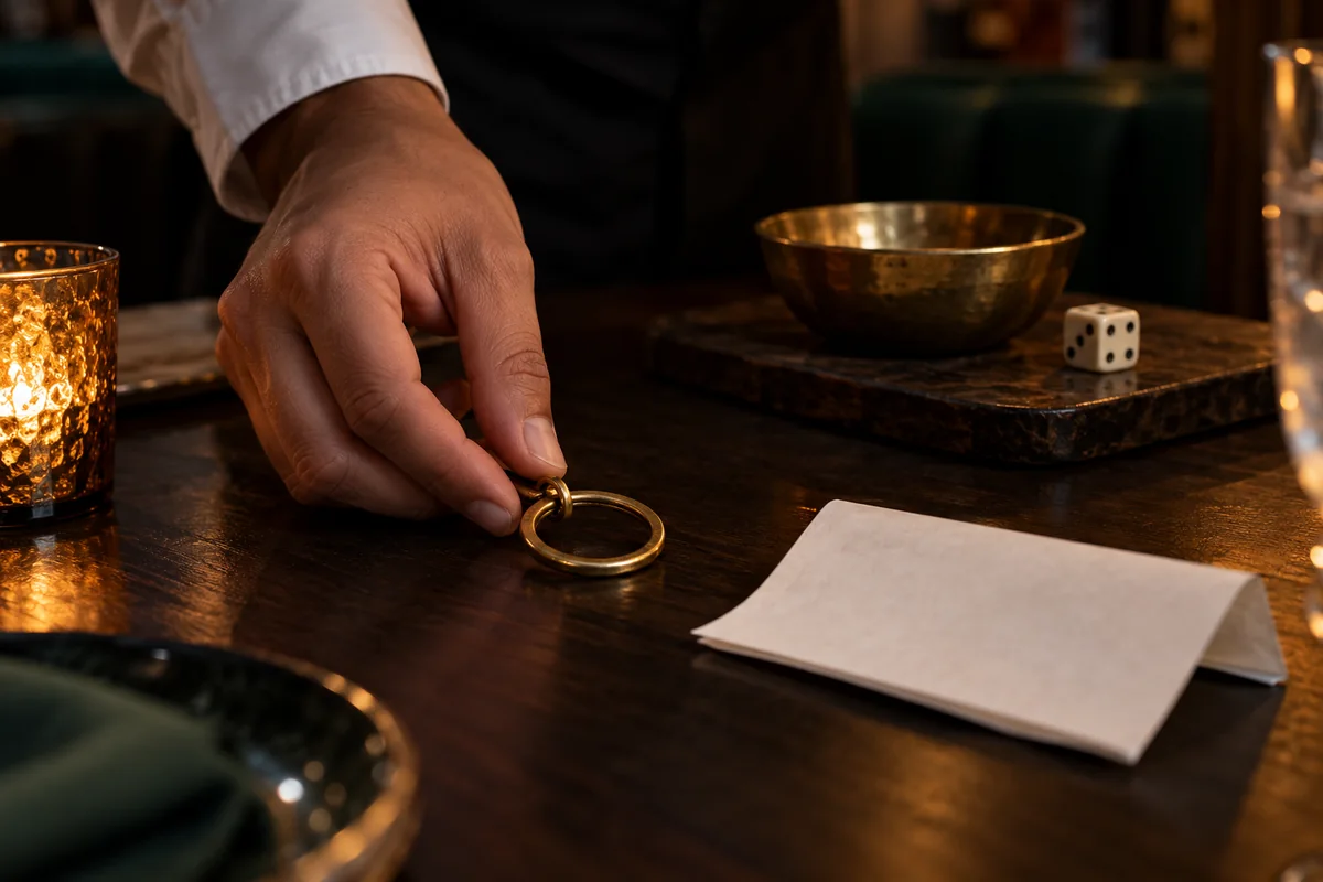 A server’s hand places a plain keyring beside a blank folded bill.