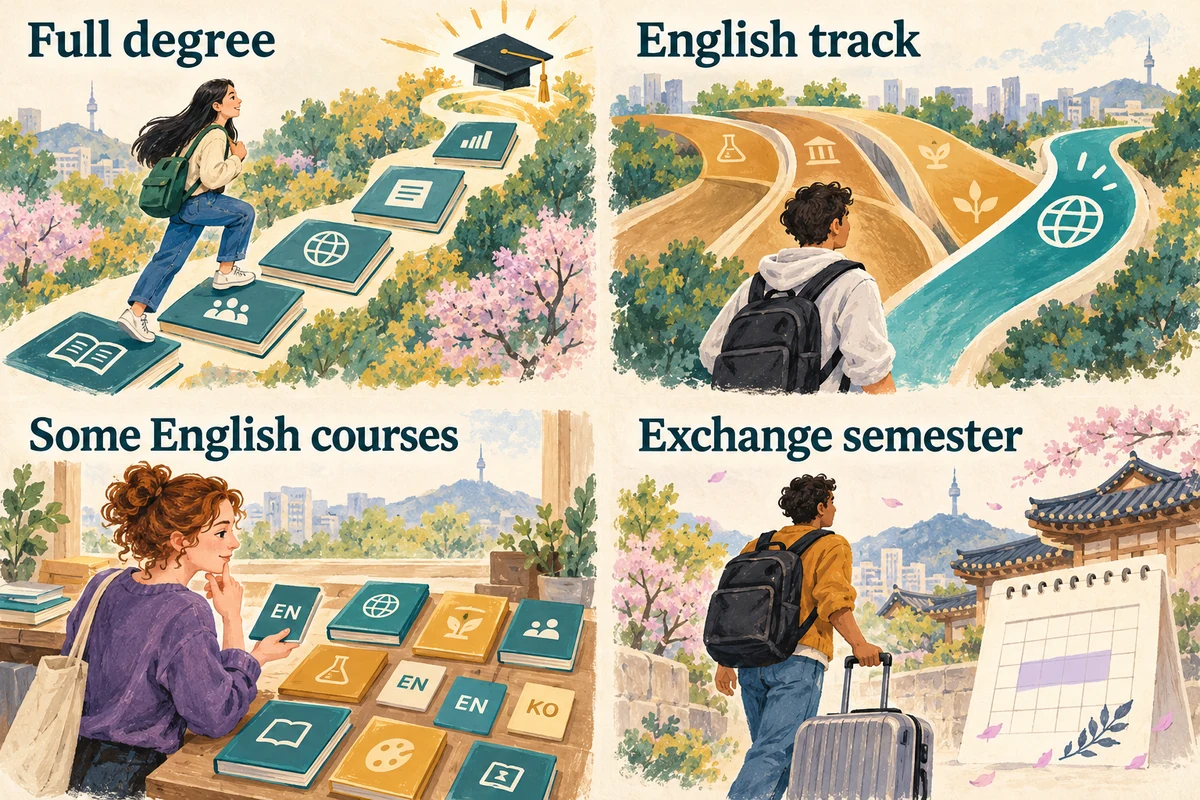 Four illustrated study routes: a full degree, an English track, mixed-language courses and an exchange semester.