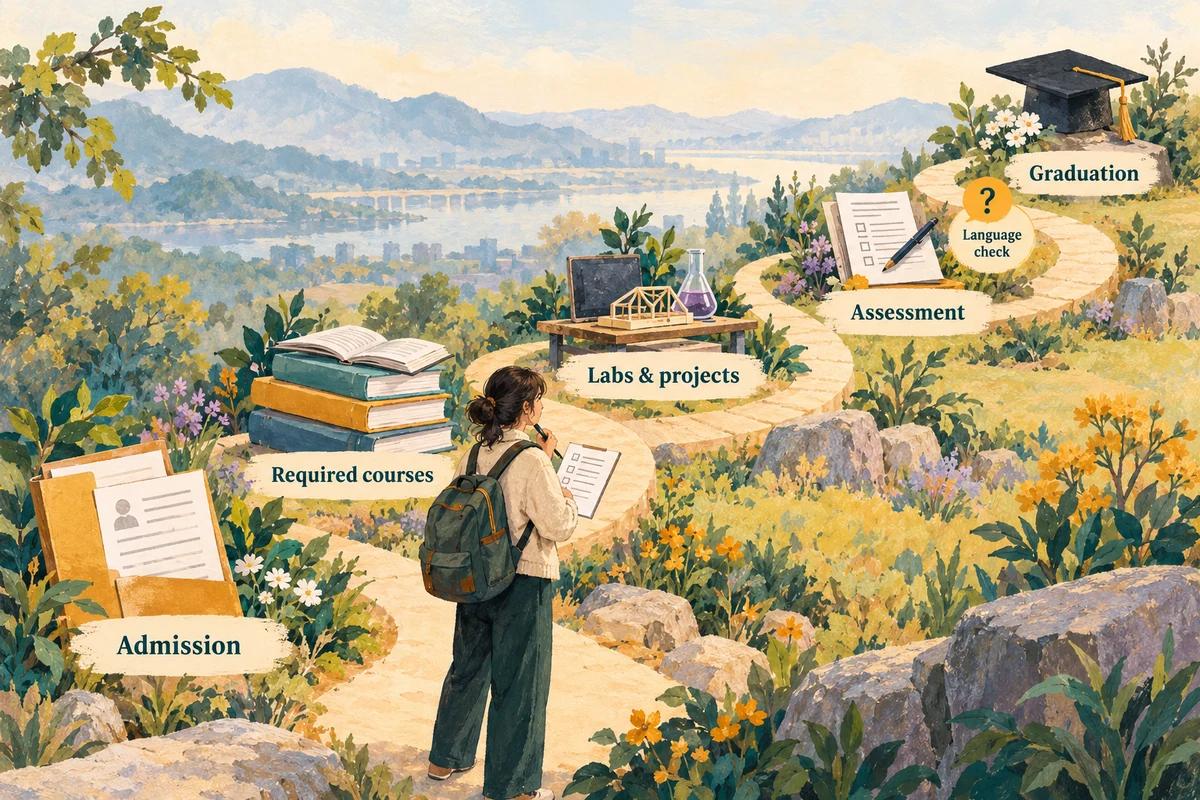 A student checks an illustrated pathway through admission, required courses, labs and projects, assessment and graduation, with a language question still to resolve.