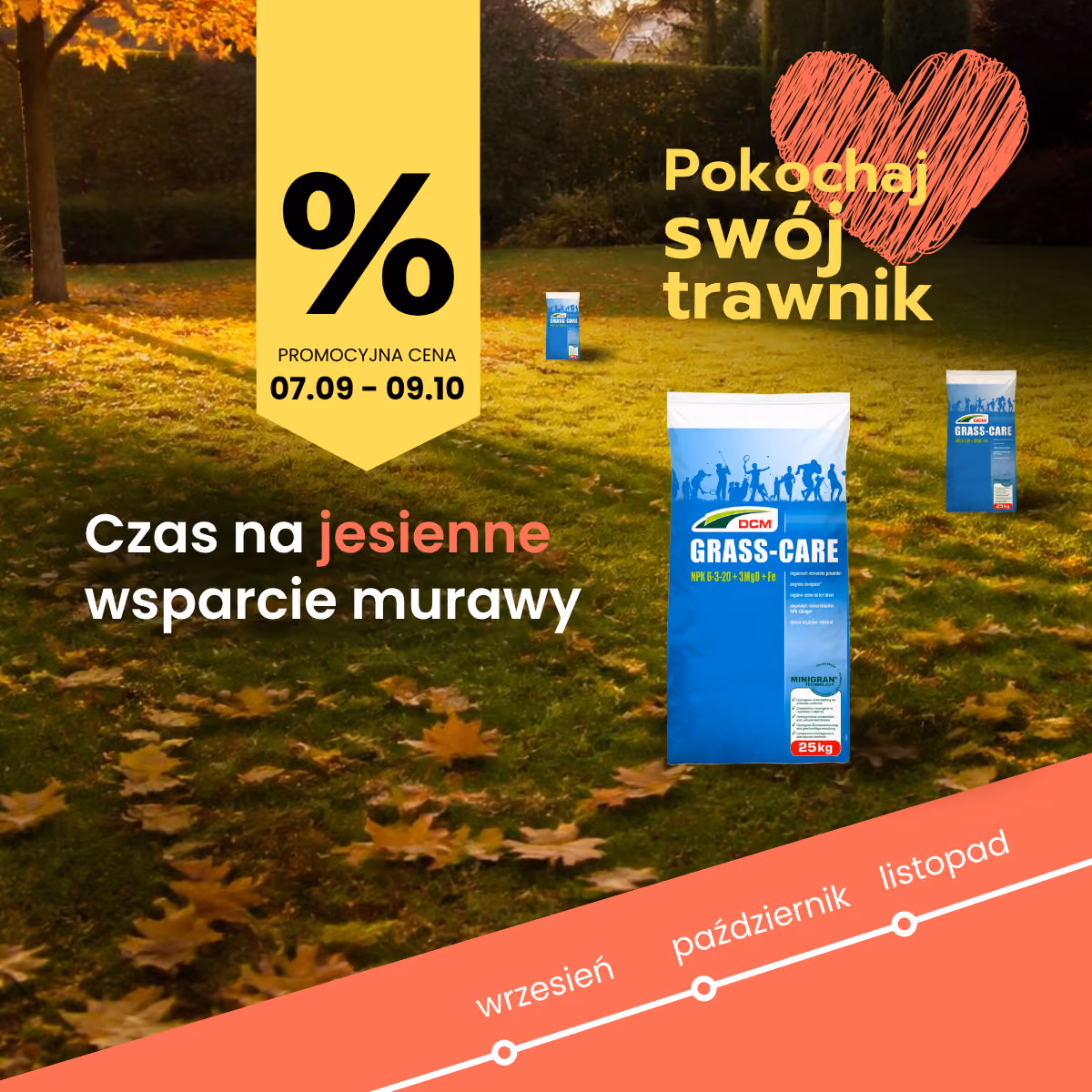 Czas na jesienne wsparcie murawy - DCM Grass-Care, promocyjna cena 07.09-09.10