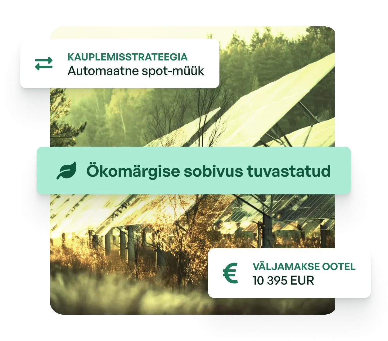 Päikesepaneelid metsalagendikul koos Soldera platvormi kasutajaliidese elementidega: automaatne spot-müük kauplemisstrateegia, Ökomärgise sobivuse tuvastatud teade ja ootel väljamakse 10 395 EUR päritolutunnistuste (GO) haldamiseks