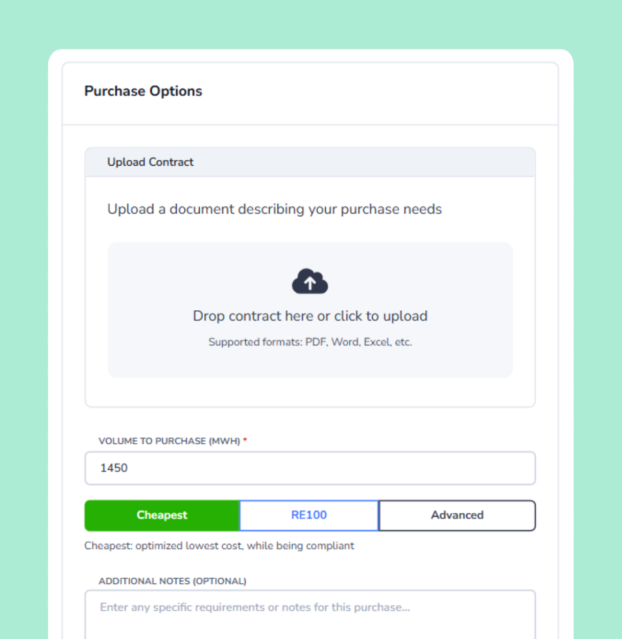 Screenshot of Soldera platform's purchasing dashboard. An AI-upload feature parses any document that contains purchasing requirements, and the corporate buyer may also leave any specific requirements or notes for their purchase.