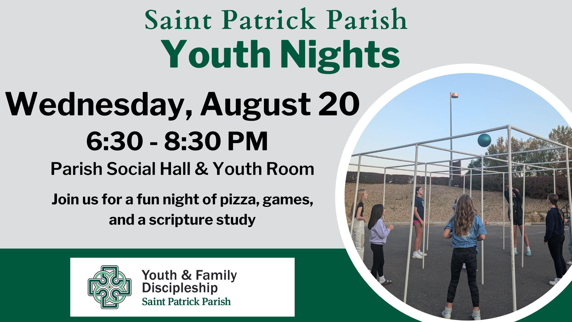 Youth and Family Discipleship invites middle schoolers and high school peer mentors to our last summer Youth Night on August 20 for scripture study, outdoor games, pizza, and fun—get registered and don’t forget the permission form!