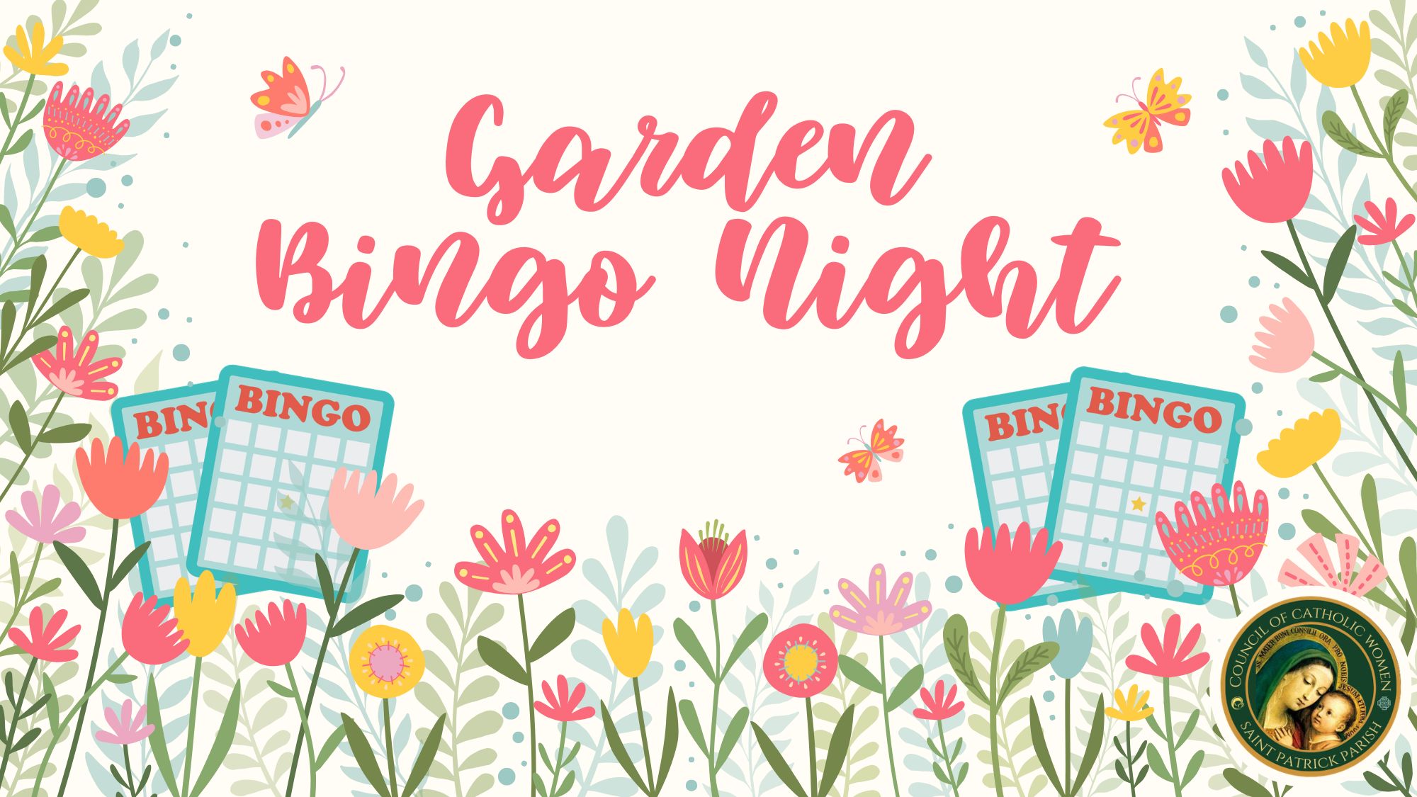 Celebrate spring with the Council of Catholic Women at a Garden Bingo Night on Thursday, May 7 at 6:30 PM in the Parish Social Hall, featuring bingo, charcuterie, drinks, and fellowship for all women of Saint Patrick Parish.