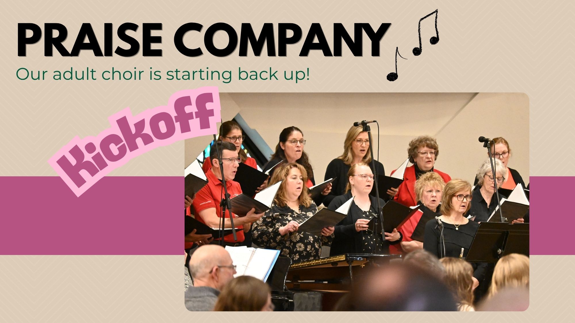 The adult choir, Praise Company, kicks off a new season on September 24 with a potluck and rehearsal, inviting singers in 10th grade and up to come together, build community, and share their gifts in worship.