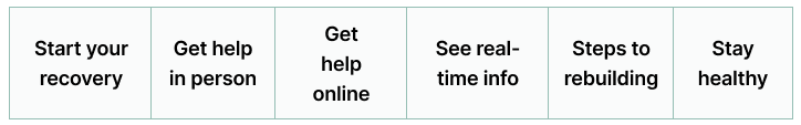 Image of the six existing categories defined in the content audit. Start your recovery, Get help in person, Get help online, See real-time info, Steps to rebuilding, Stay healthy