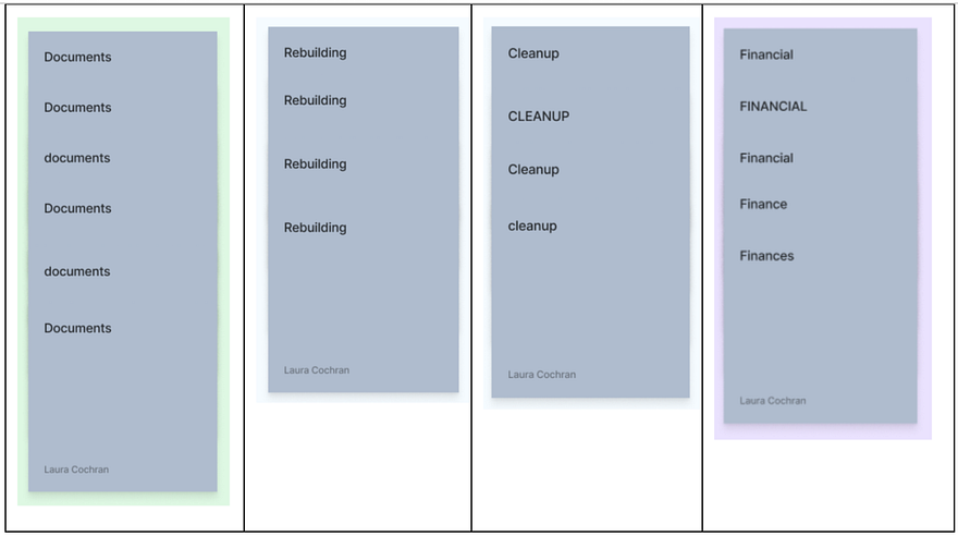 Image showing examples of the labels participants created including labels that say documents, rebuilding, cleanup, and financial.