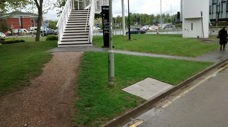 The real world can reveal examples of people charting their own path. This image shows worn down grass from people walking across the grass instead of walking on the sidewalk.