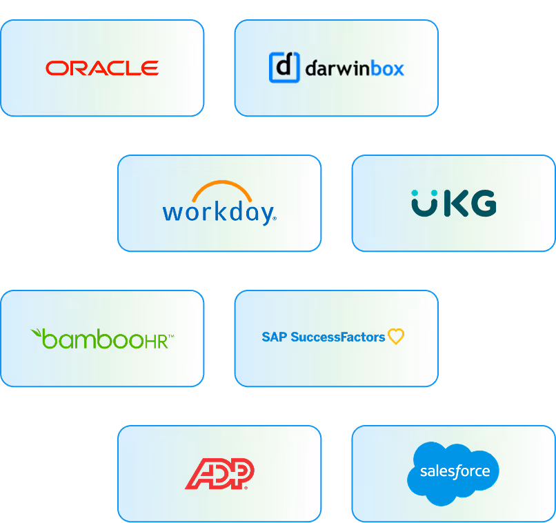 Logos for Oracle, Darwinbox, Workday, UKG, BambooHR, SAP SuccessFactors, ADP, and Salesforce showing HR tech platform integration.