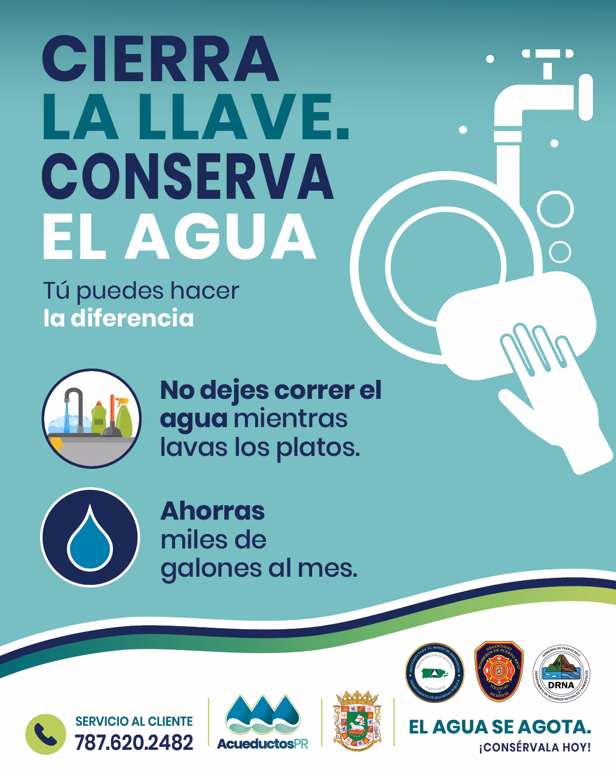 Imagen explicando como conservar agua en el uso de lavar platos.