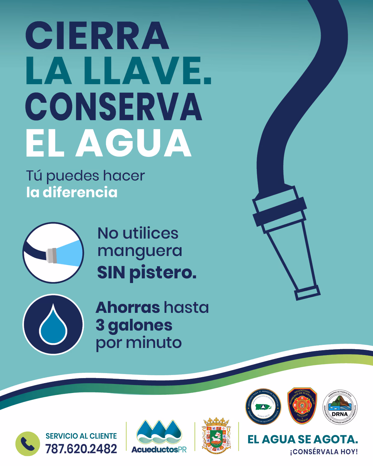 Imagen explicando como conservar agua con el uso de la manguera.