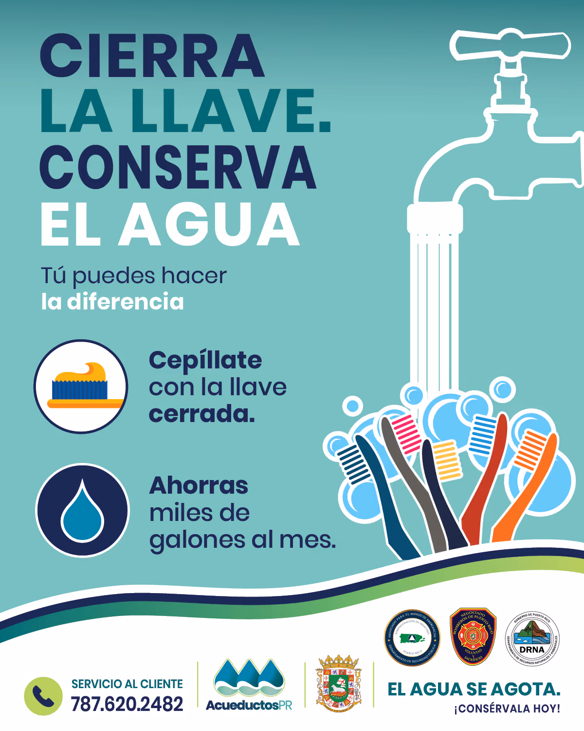 Imagen explicando como conservar agua cuando te lavas los dientes.