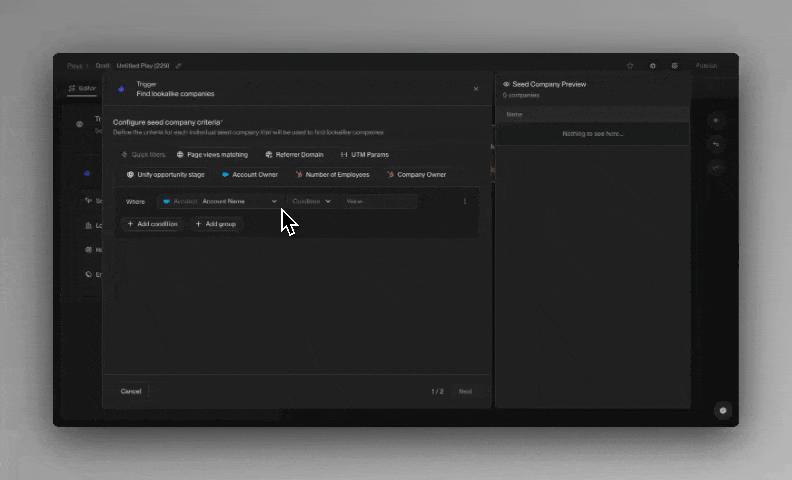 Animated interface showing configuration of seed company criteria with filters for account status, account name, condition, and value in a dark-themed dashboard.