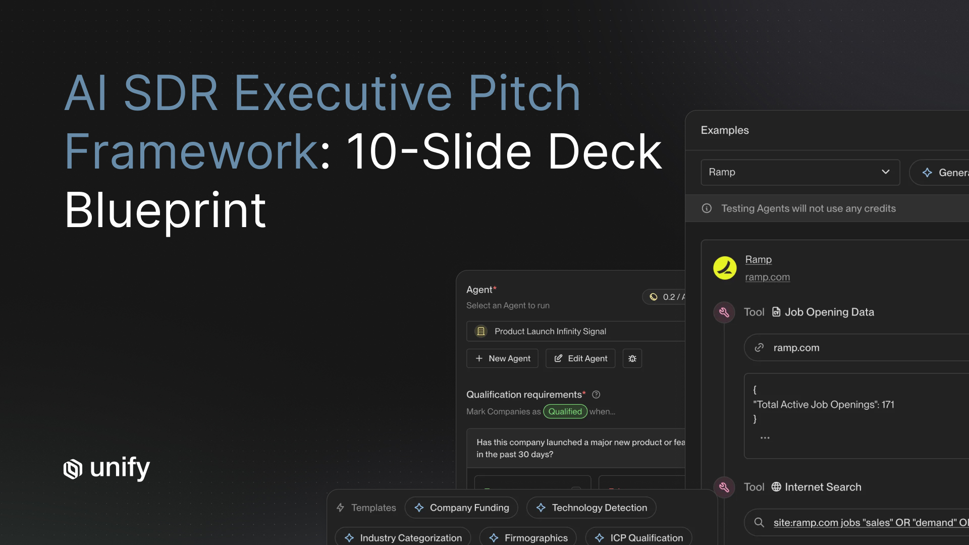 Unify AI SDR agent configuration showing a Product Launch Infinity Signal with qualification requirements, job opening data enrichment, and internet search tools - example of an AI-powered sales development rep building an executive pitch using signal-base