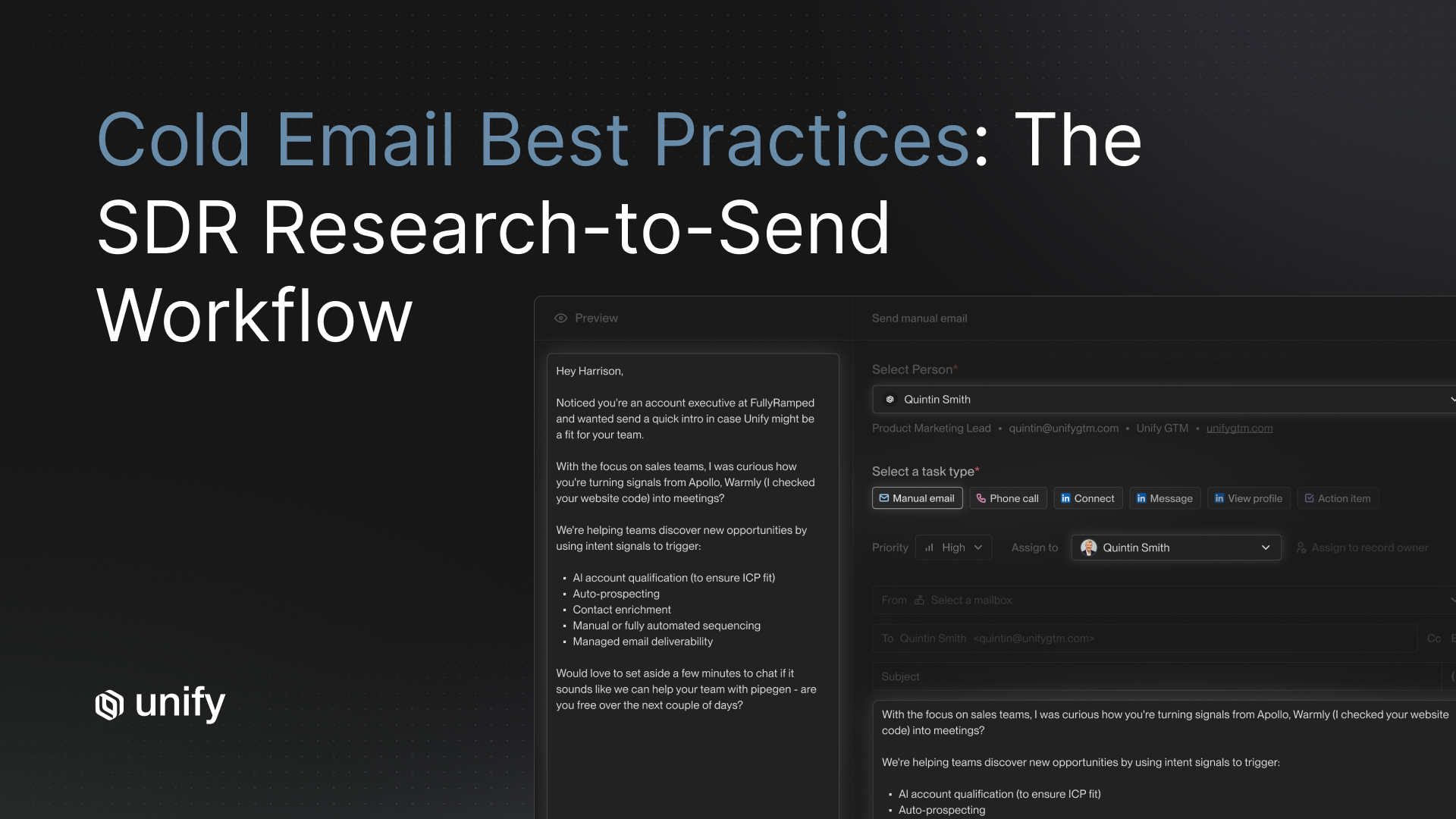 Cold email best practices: the SDR research-to-send workflow - Unify platform showing a personalized outbound email using intent signals from Apollo and Warmly to trigger AI-qualified outreach with automated sequencing