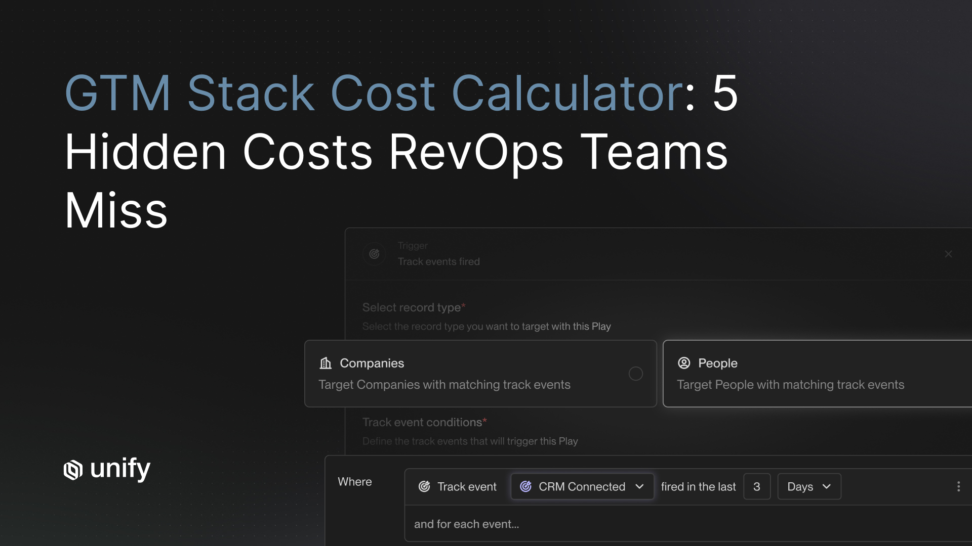 GTM stack cost calculator: 5 hidden costs RevOps teams miss - Unify platform showing event-triggered play automation targeting companies and people when CRM connected signal fires within 3 days