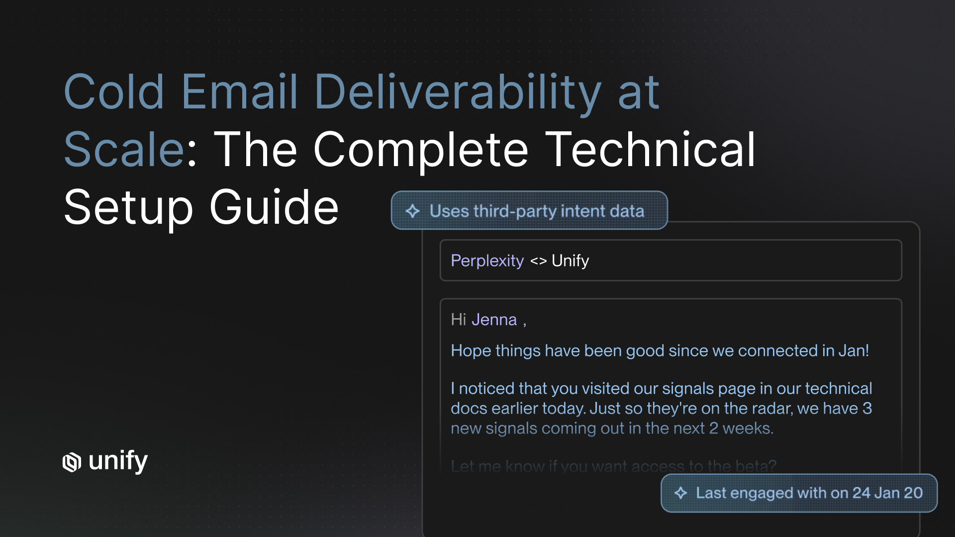Cold email deliverability at scale: the complete technical setup guide - Unify platform showing intent-triggered personalized outreach to Perplexity prospect Jenna based on signals page visit, with last engagement tracking
