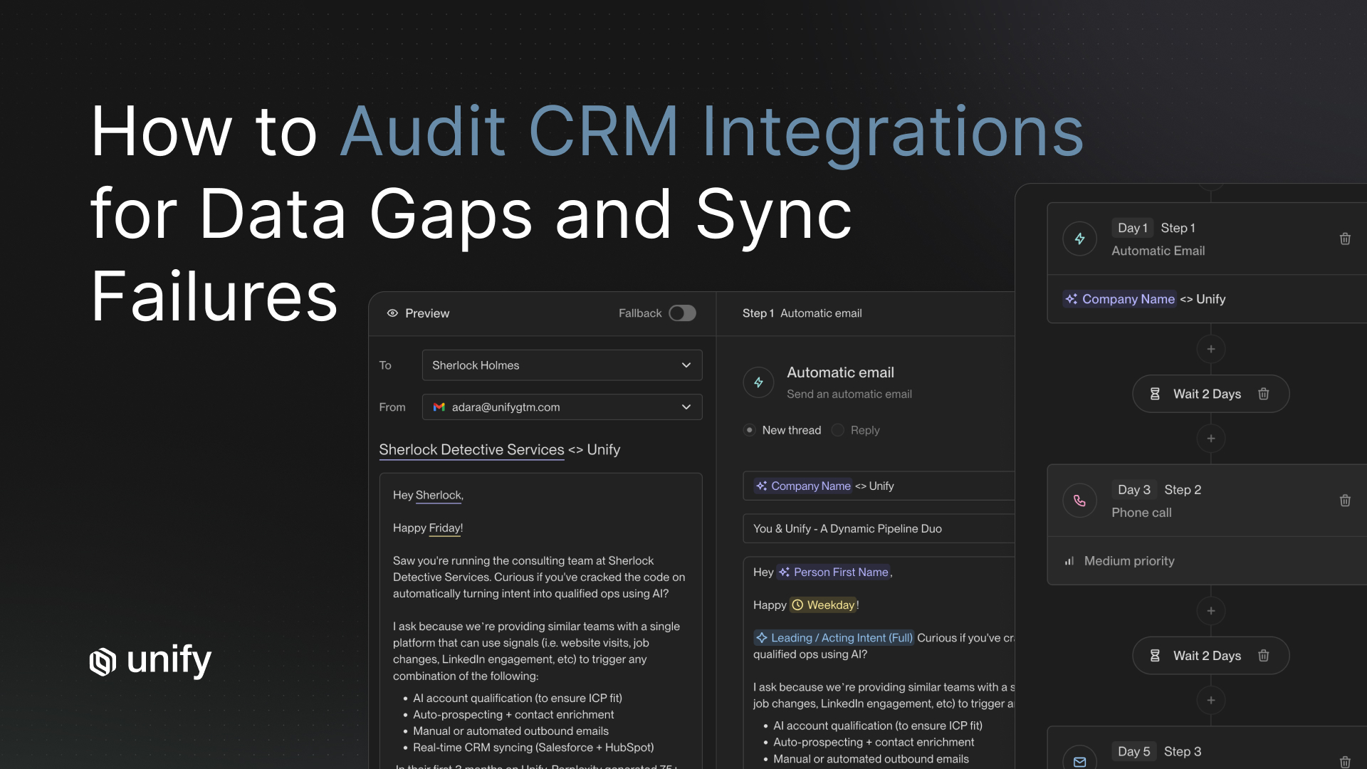 How to audit CRM integrations for data gaps and sync failures - Unify platform showing a multi-step outbound sequence with automatic email on day 1, phone call on day 3, and follow-up email on day 5 using intent-based personalization