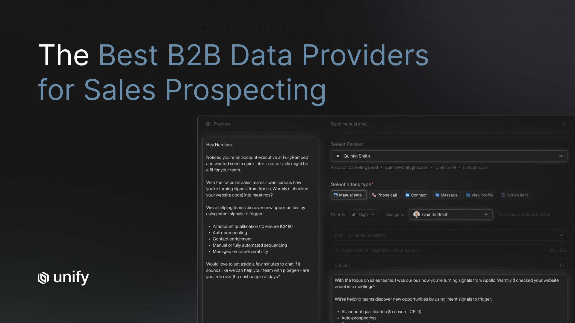 The best B2B data providers for sales prospecting - Unify platform showing a manual email task with signal-based personalization using Apollo and Warmly intent data to reach a FullyRamped account executive