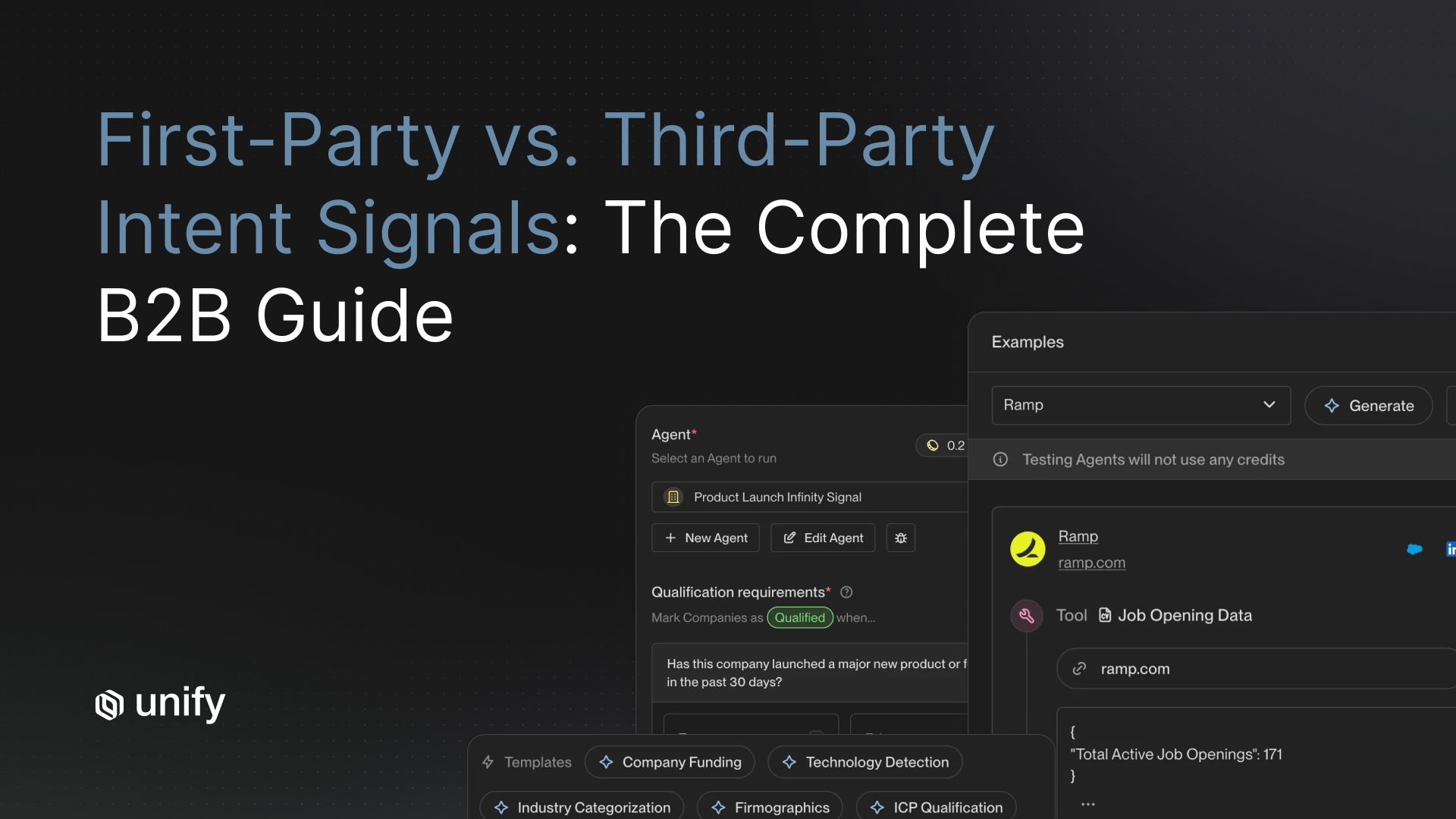 First-party vs. third-party intent signals: the complete B2B guide - Unify platform showing AI qualification agent using Product Launch Infinity Signal and job opening data to qualify Ramp with 171 active openings