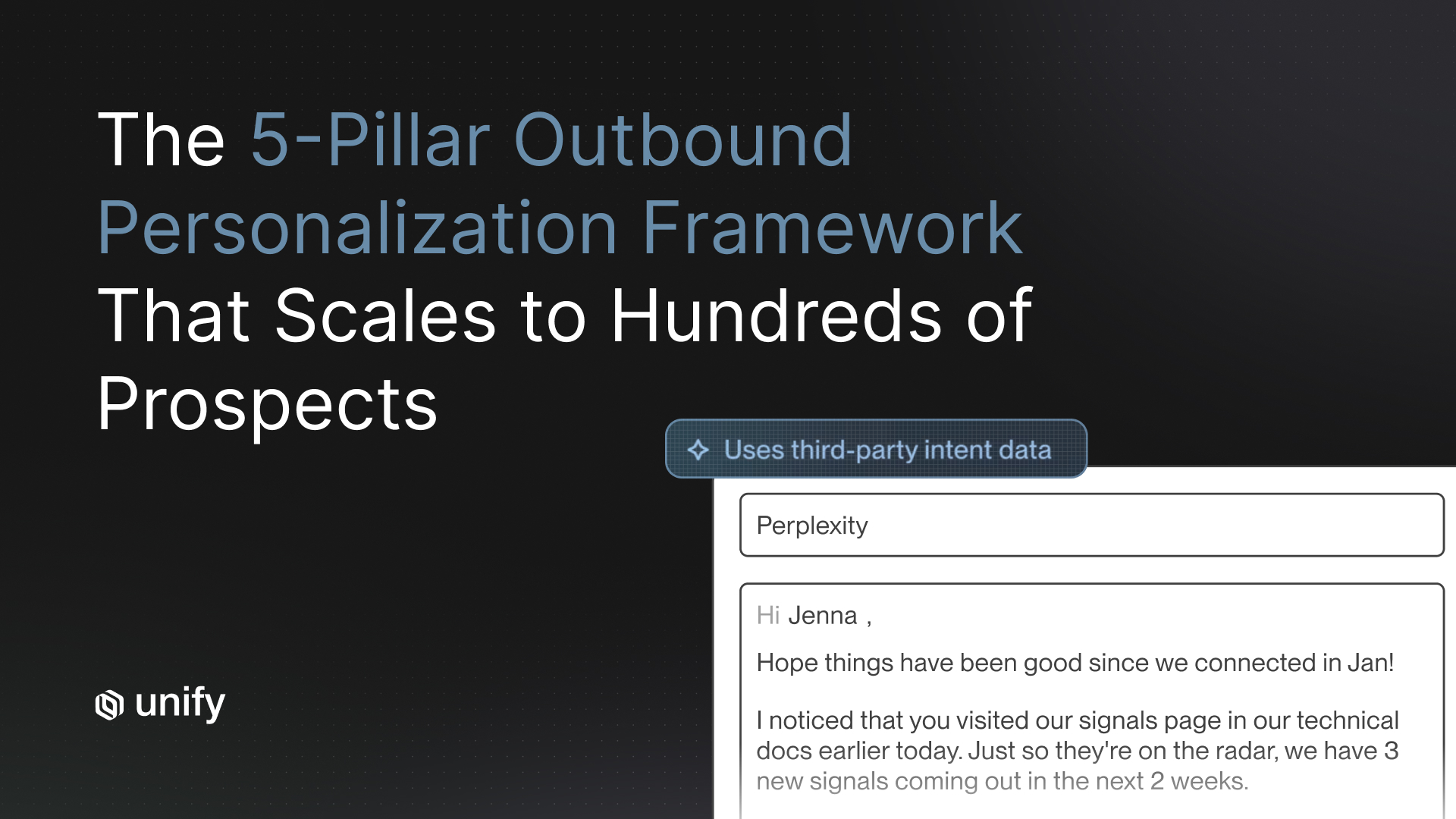 The 5-pillar outbound personalization framework that scales to hundreds of prospects - Unify platform showing third-party intent-triggered email to Perplexity prospect Jenna referencing her signals page visit