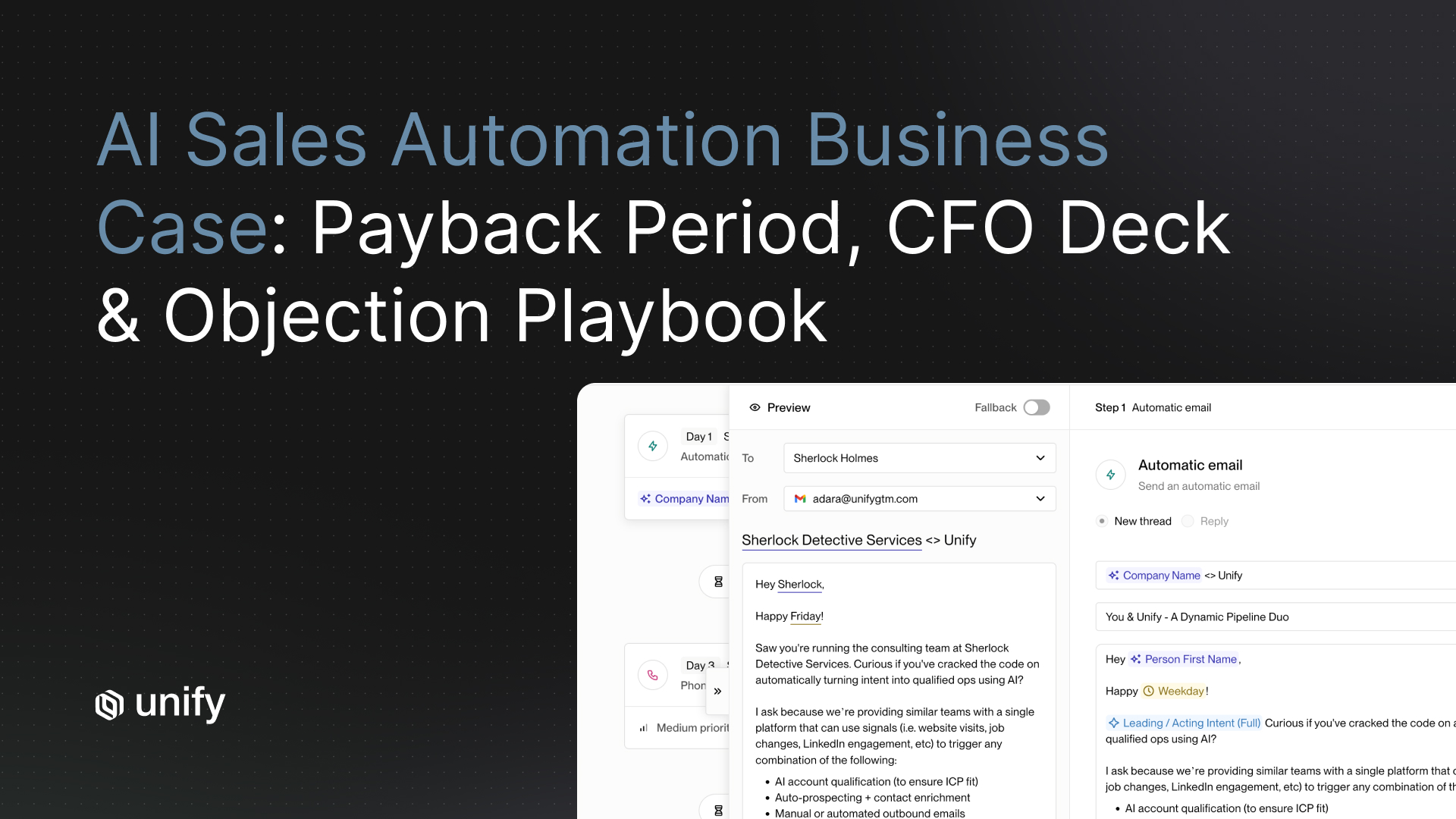 Unify multi-step sequence with email preview and dynamic personalization, from the AI sales automation business case playbook.