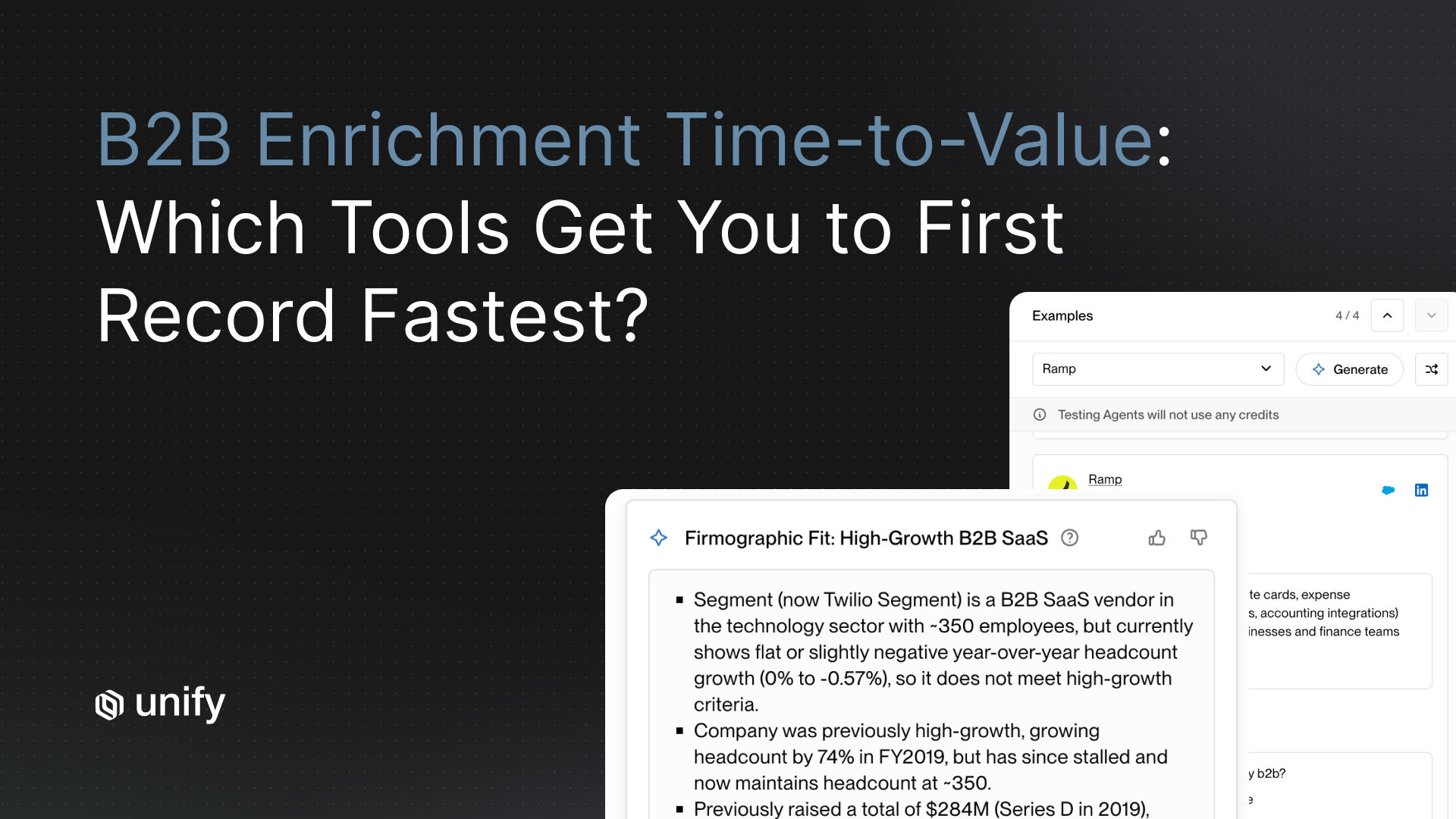 Unify AI agent generating firmographic fit insights on a B2B SaaS account, from the B2B enrichment time-to-value comparison.