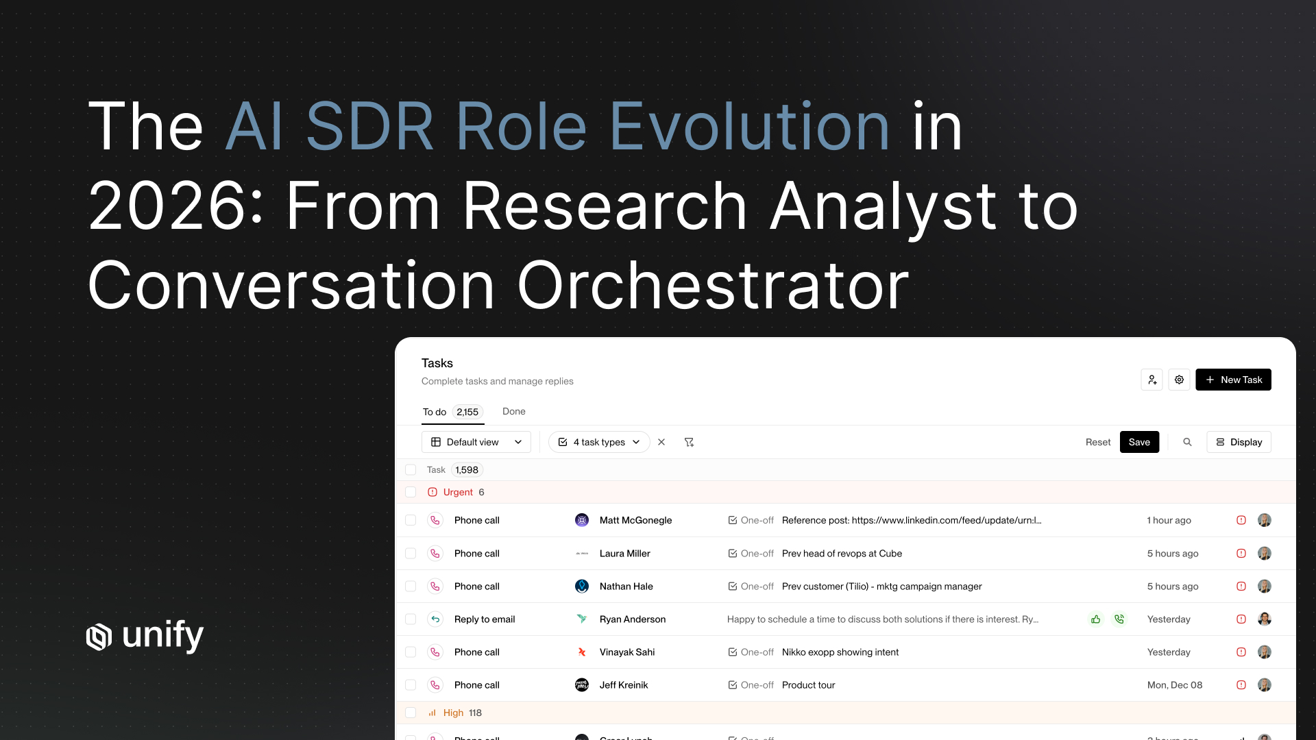 Unify Tasks view with prioritized phone calls and email replies, from the 2026 AI SDR role evolution guide.