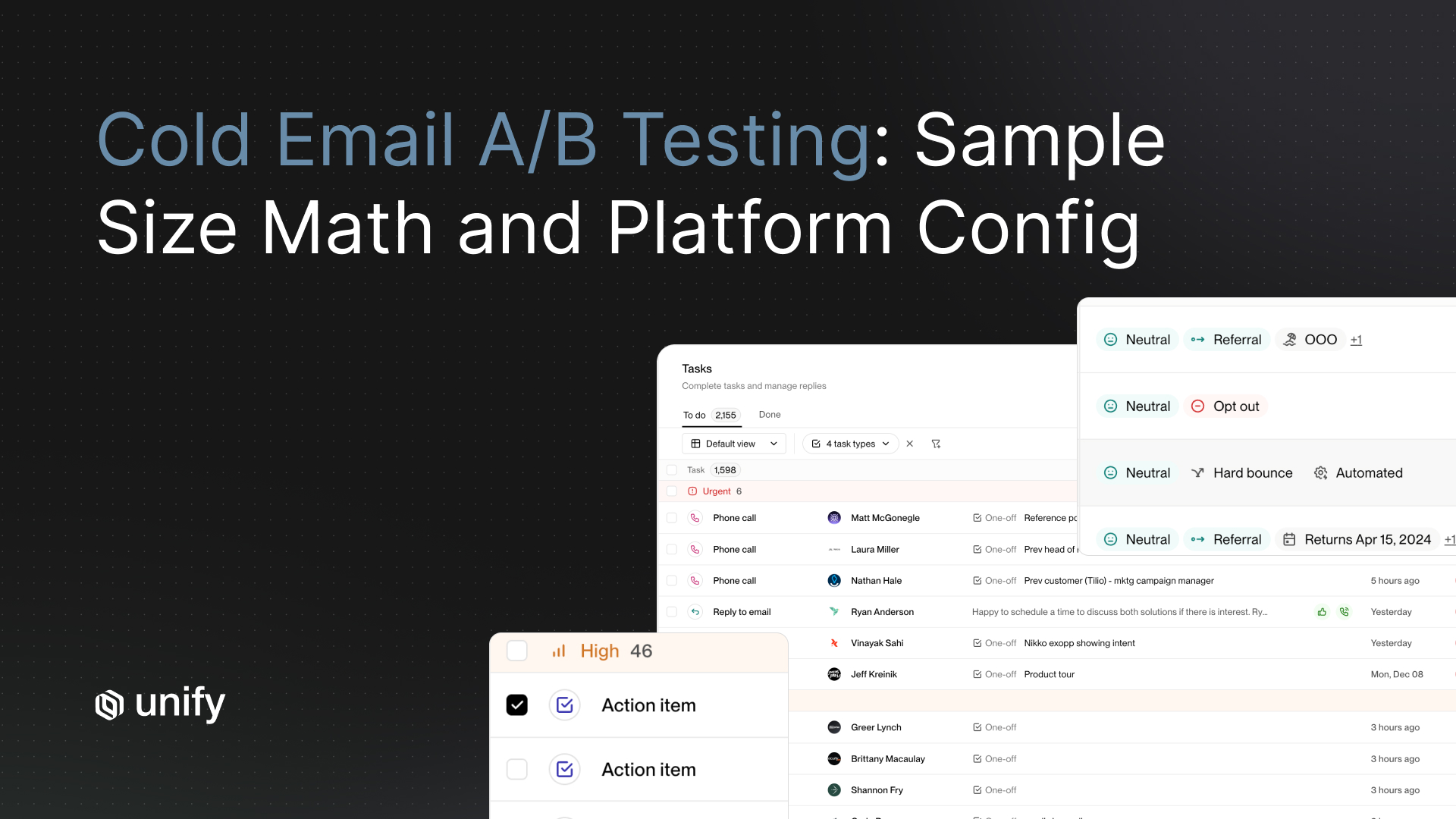 Unify Tasks view with reply classification labels and action items, from the cold email A/B testing sample size guide.